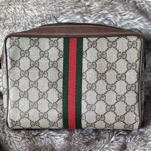 Gucci Supreme Beige Monogram Canvas Toiletry Pouch With Signature Web💕
